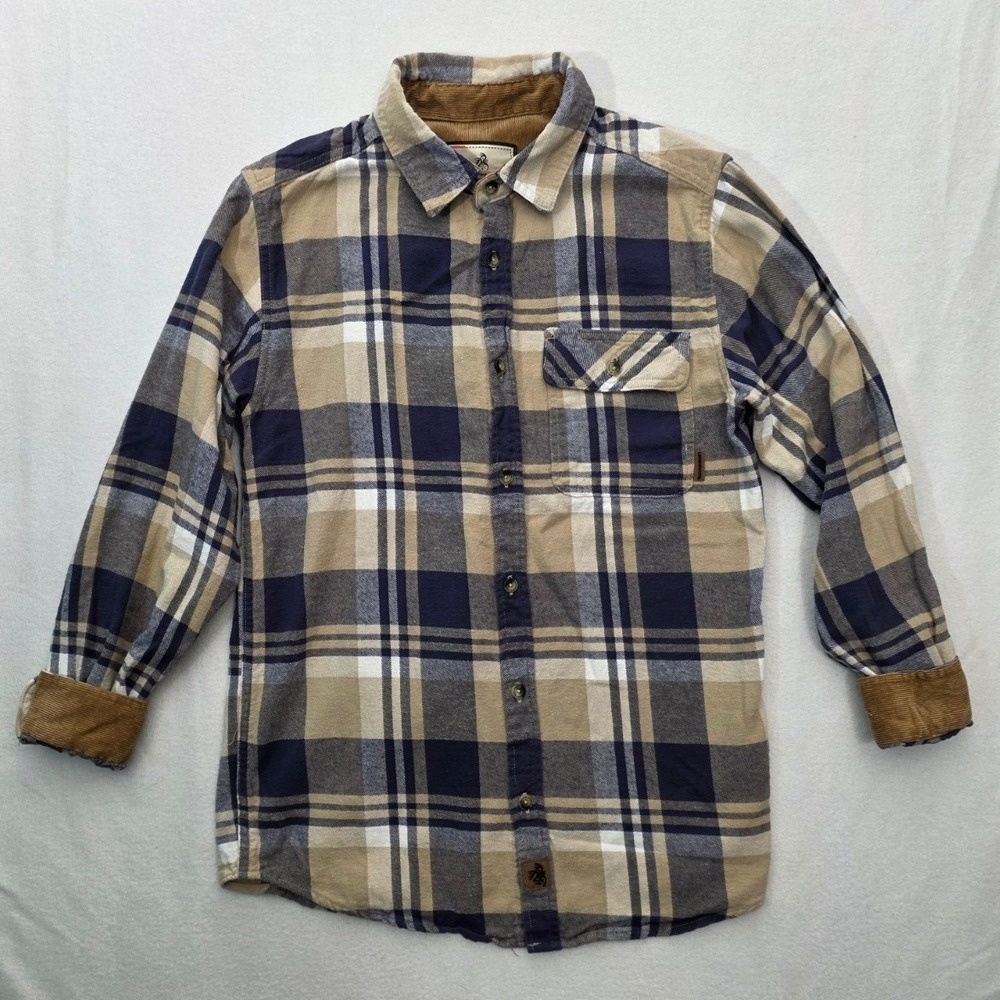 Legendary Whitetails Buck Camp Flannel Shirt SM Blue Tan Cotton Plaid Outdoor